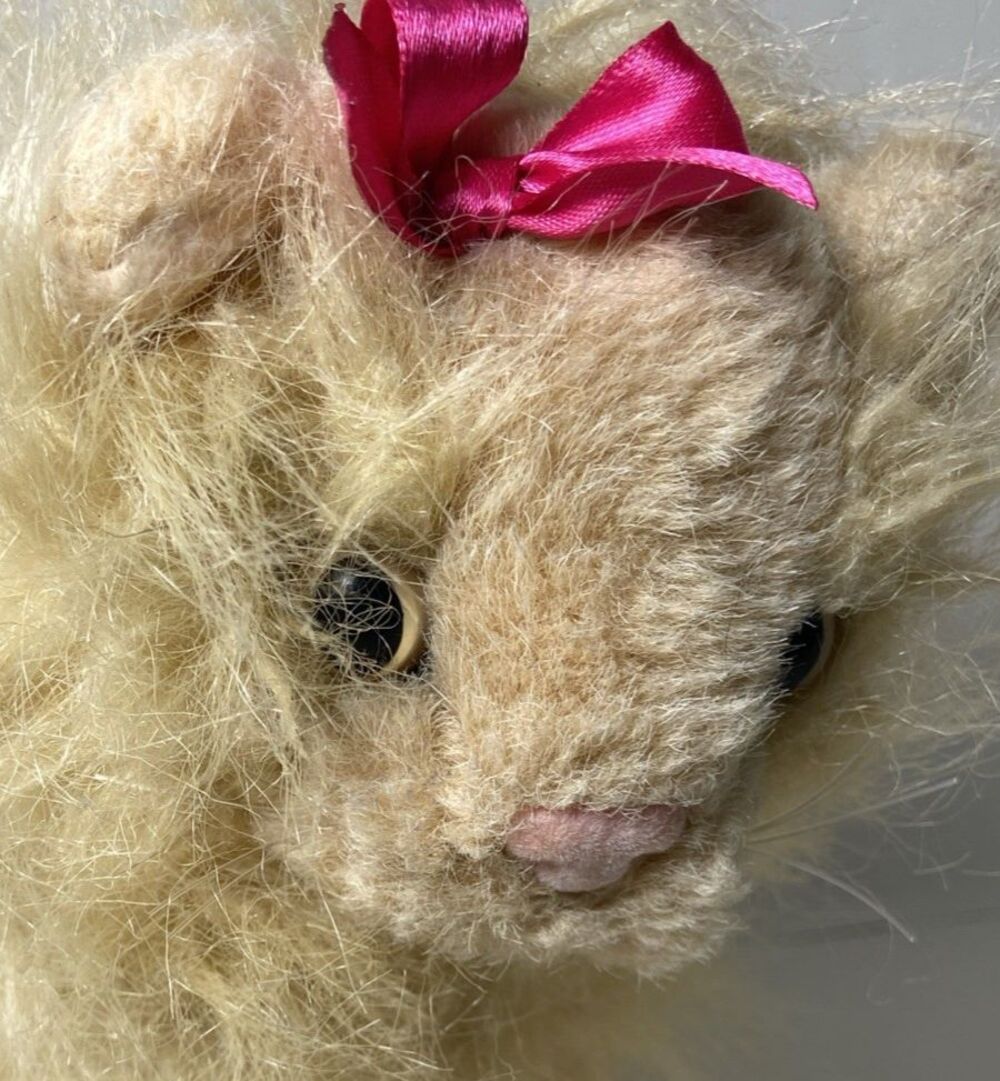 Battat Beige Fluffy Long Hair Persian Kitty Cat Plush with Pink Bow 11 inch VTG